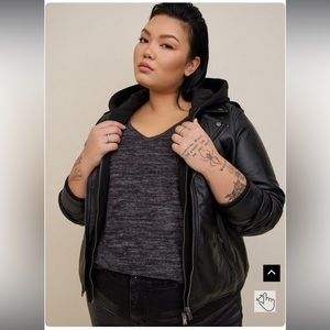 Black Mixed Media Hooded Moto Jacket, Size 1, Like New